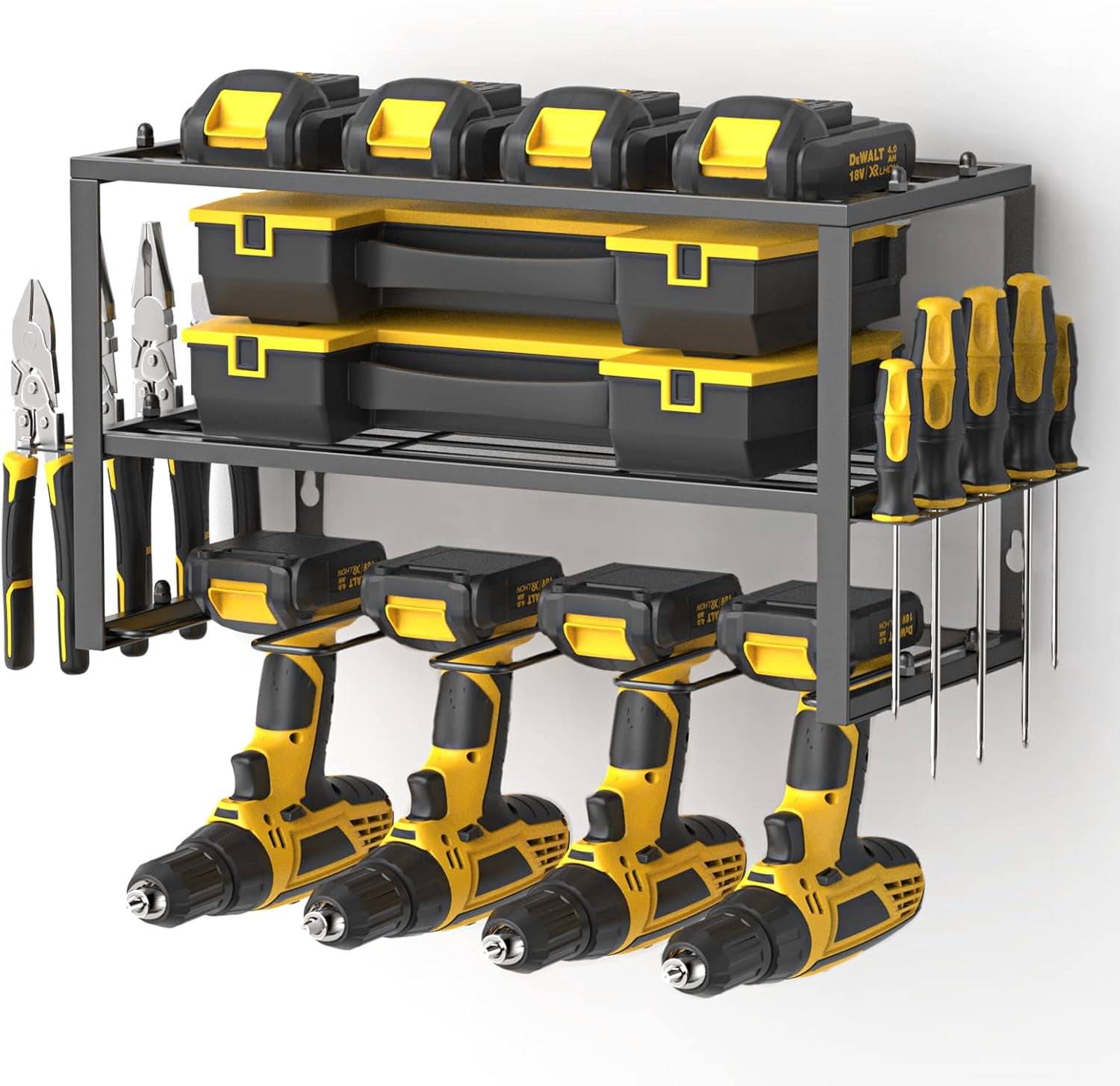 CATGOOD Power Tool Organizer, 3 Layers Storage Rack with 4 Drill Holders, Heavy Duty Metal Floating Tool Shelf Garage Wall Mounted, 180Lbs Load Capacity