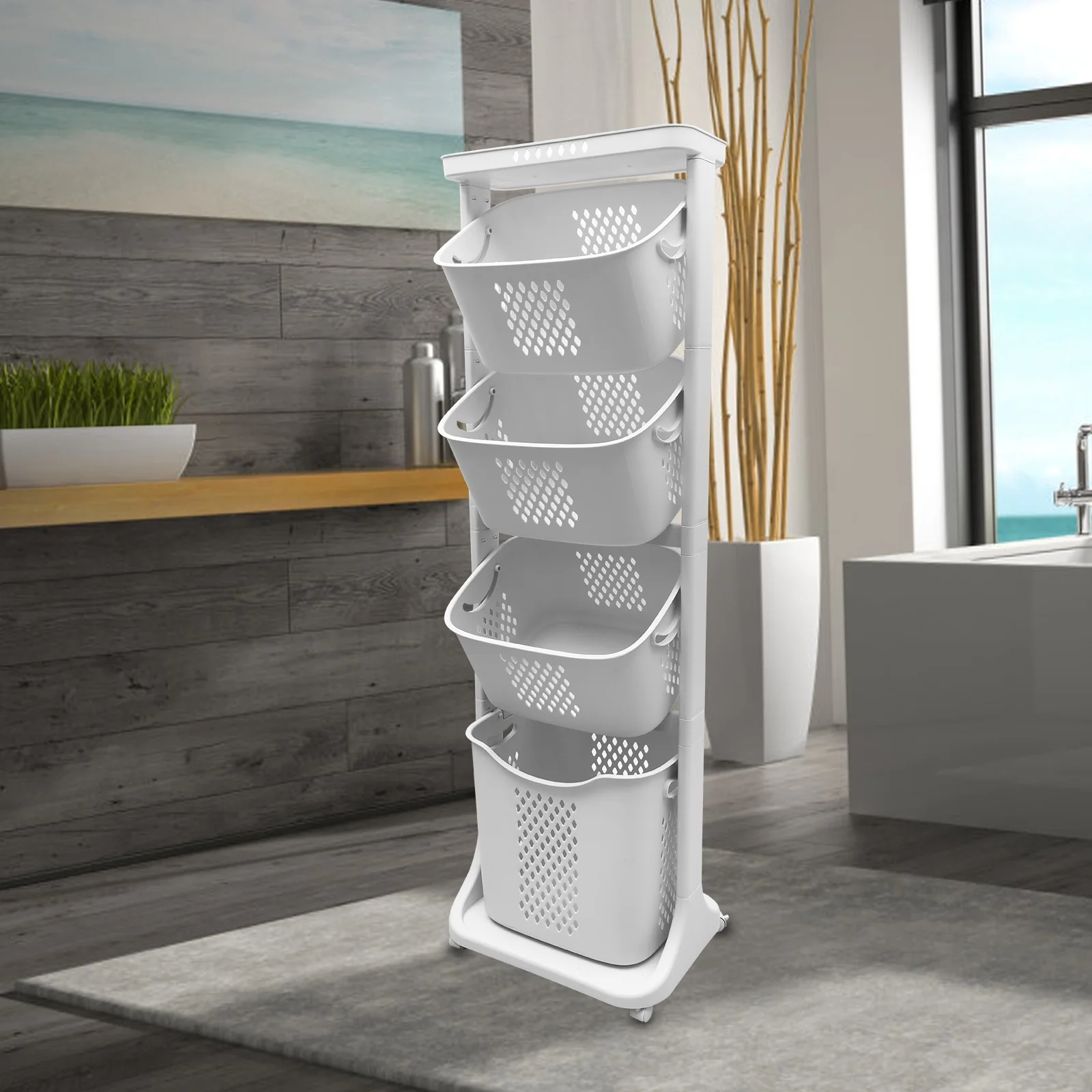 CATGOOD Rolling PP Laundry Hamper with 4 Bins, White, 2-Bag
