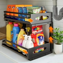 CATGOOD Under Sink Organizer, Multifunctional Pull-Out Under Sink Storage, 2-Tier Under Kitchen Sink Organizer, Waterproof Metal Storage Rack with Sliding Drawer for Kitchen and Bathroom, Black