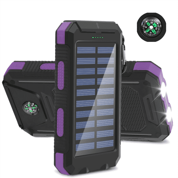 Baokaler Solar Charger for Cell Phone 20000mAh, Portable Solar Power Bank with Dual 5V USB Ports, 2 Led Light Flashlight, Compass (Purple)