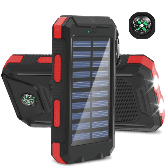 CATGOOD Solar Charger for Cell Phone 20000mAh, Portable Solar Power Bank with Dual 5V USB Ports, 2 Led Light Flashlight, Compass (Red)
