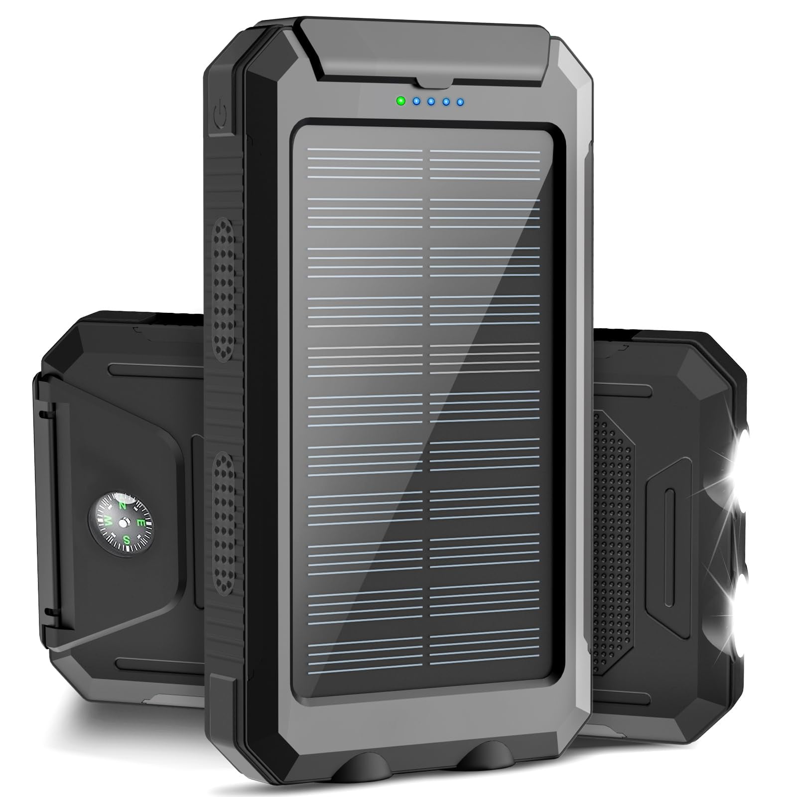 CATGOOD Solar Power Bank 30000mah, Portable Charger, Waterproof Battery Backup Charger, Solar Panel Charger with Dual LED Flashlights, Suitable for Outdoor Camping Travel(Black)
