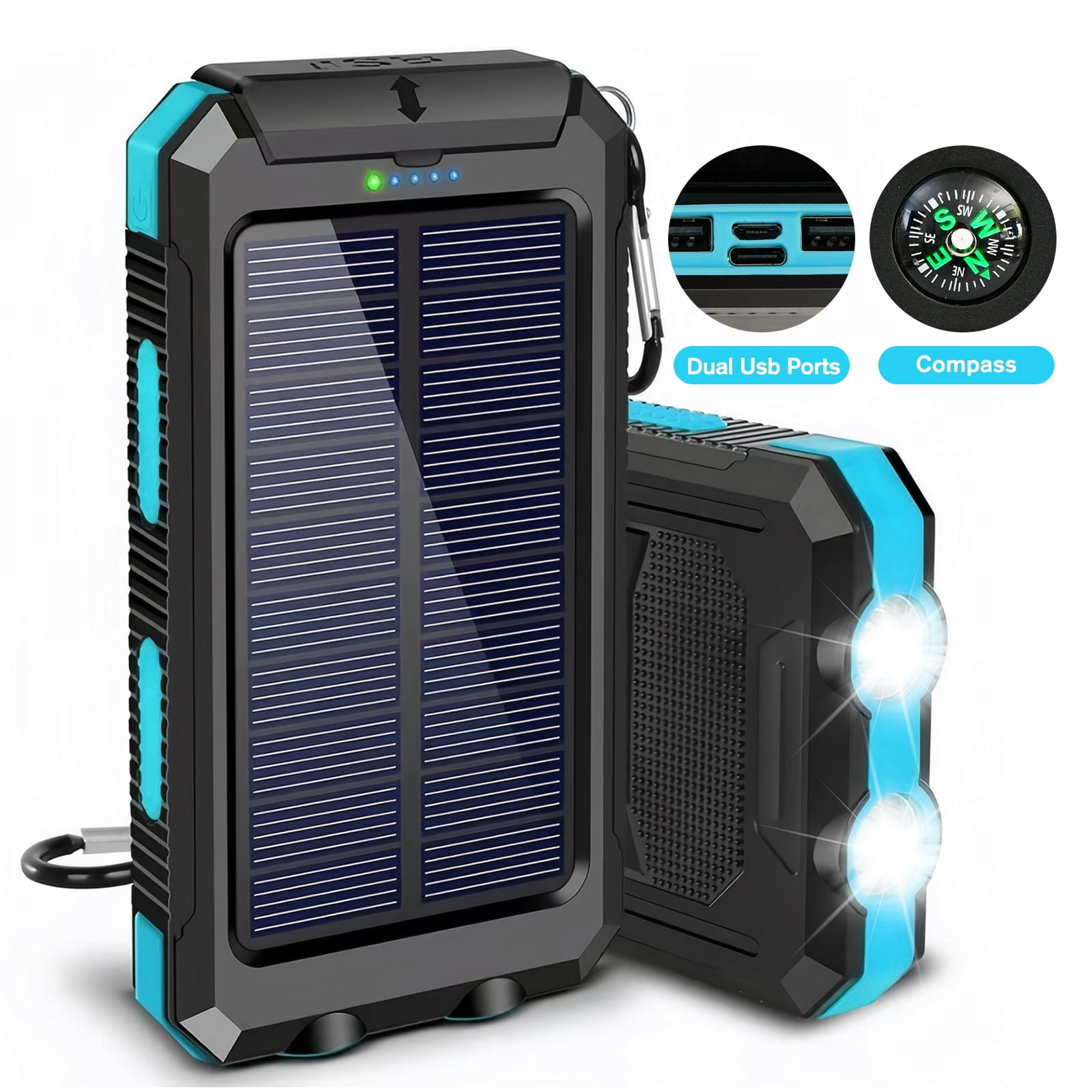 CATGOOD Solar Power Bank 30000mah, Portable Charger, Waterproof Battery Backup Charger, Solar Panel Charger with Dual LED Flashlights, Suitable for Outdoor Camping Travel(Blue)