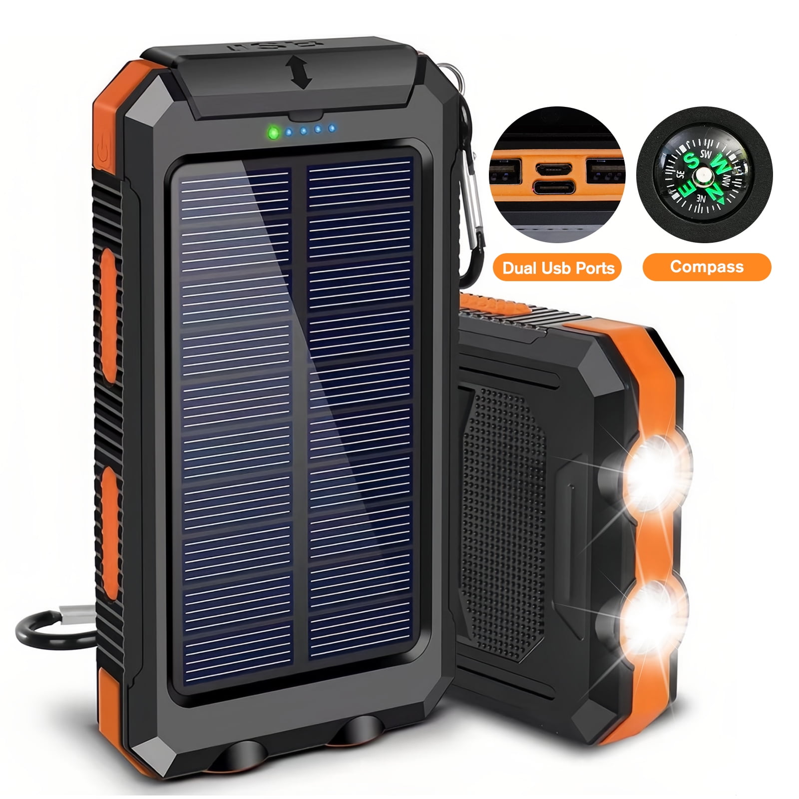 CATGOOD Solar Power Bank 30000mah, Portable Charger, Waterproof Battery Backup Charger, Solar Panel Charger with Dual LED Flashlights, Suitable for Outdoor Camping Travel(Orange)