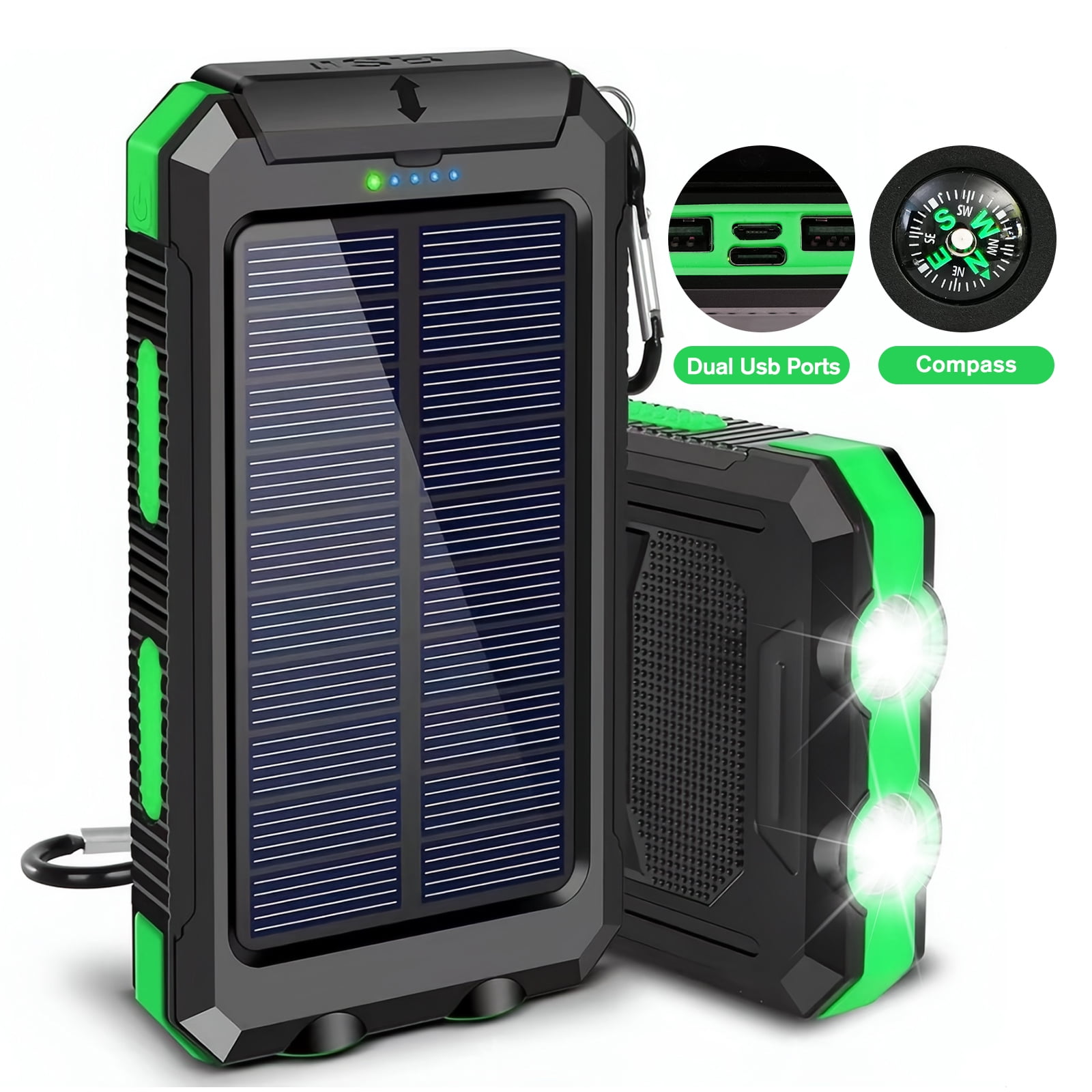 CATGOOD Solar Power Bank 30000mah, Portable Charger, Waterproof Battery Backup Charger, Solar Panel Charger with Dual LED Flashlights, Suitable for Outdoor Camping Travel(Green)