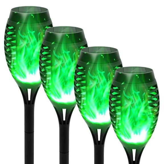 CATGOOD Solar Torch Flame Lights, Flickering Flame, Waterproof, Green, 4 Pack