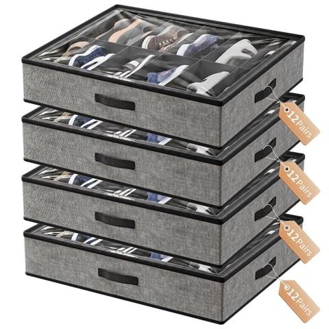 CATGOOD Under Bed Storage Containers 4 Pack Fits 48 Pairs, Fabric Shoes Container Box with Cover and Handle, Closet Shoe Organizer for Home, Gray