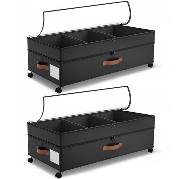 CATGOOD Underbed Storage Box with Wheels and Adjustable Height, Clear Top 10-Inch Organizer, 2-Pack 53L Capacity for Clothes Shoes Blankets