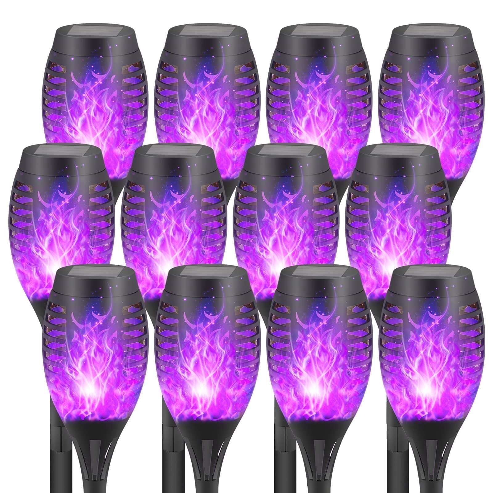 12 Pack Solar Tiki Torches, Flickering Yard Lights Outdoor Solar Powered Waterproof, Solar Pathway Lights for Garden Decor, Yard Decor, Landscape, Purple LED