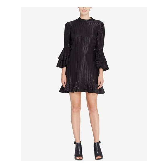 CATHERINE MALANDRINO Womens Black Ruffled  Ribbed Bell Sleeve Crew Neck Mini Cocktail Shift Dress 6
