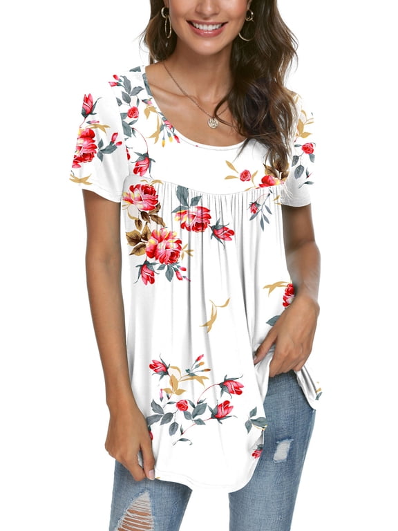 Women's 2022 Summer Short Sleeve Pleated Blouse Loose Flowy Tunic Top