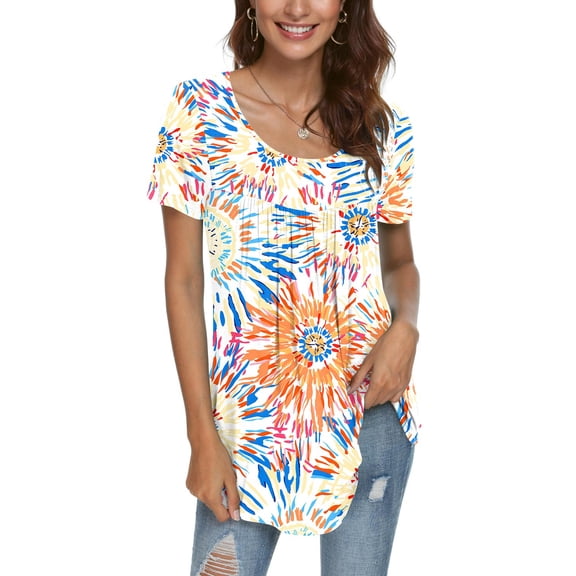 CATHY Women's 2022 Summer Short Sleeve Pleated Blouse Loose Flowy Tunic Top