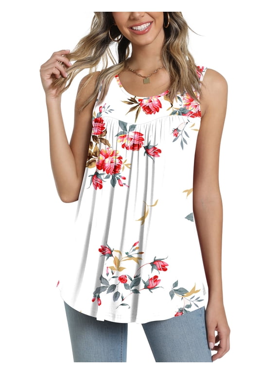 Women's Summer Sleeveless Pleated Top Loose Crew Neck Tunic