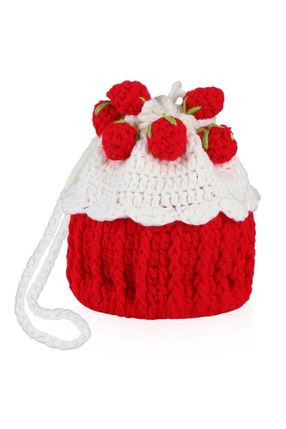 Women Crochet Strawberry Shoulder Bag Red Knitted Drawstring Purse Stylish Handbag