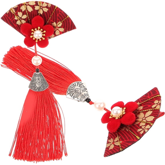 CATIEBYE 1Pair Vintage Style Japanese Hair Clips Red Tassel Flower Hairpins for Daily Decor
