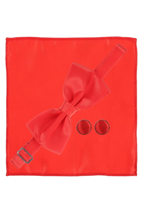 1Set Red Satin Bow Tie and Handkerchief with Cufflinks for Mens Formalwear