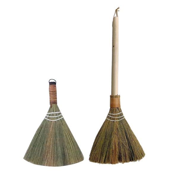 CATIEBYE 2Pcs Soft Straw Broom Set for Household Use Detachable Handle Handcrafted Grass Material