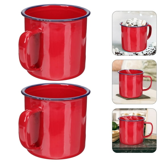 CATIEBYE 2Pcs Red Enamel Tea Cup Creative Retro Style Heat Resistant Mug for Household Use