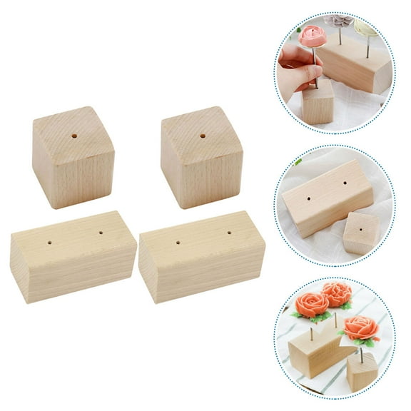 CATIEBYE 4Pcs Cake Flower Nail Trays Holder Wood Flower Nail Base 3.7x3.7x3.7in