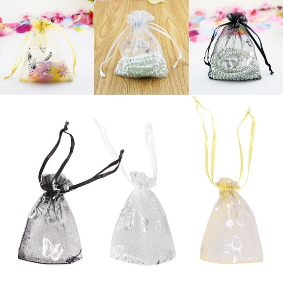 CATIEBYE 50Pcs White And Silver Organza Drawstring Jewelry Pouch For Cosmetic Items Travel Business Display 3.5x2.6in