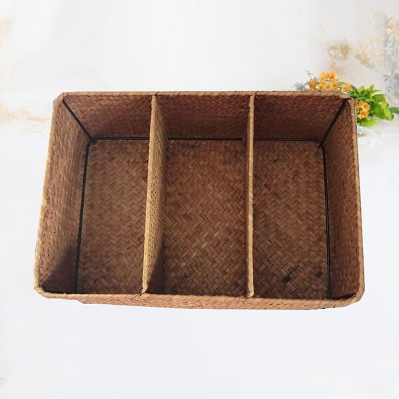 CATIEBYE Natural Seaweed Woven Basket with 3 Compartments, Storage Organizer for Home Use, Yellow