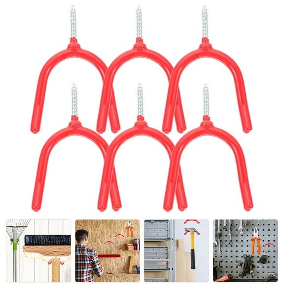 CATIEBYE 6-Pack Red Plastic Garage Hooks for Hanging Tools, Brooms & Storage Organizers for Home and Garage Use