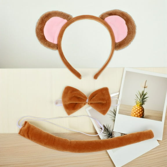 CATIEBYE Animal Ear Tail Monkey Ears Headband Adults Chocolate Short Plush 1Set 8.7x4.9in