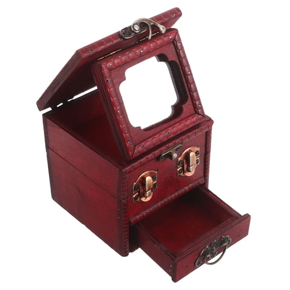 CATIEBYE Vintage Chinese Wooden Makeup Box with Mirror, Pu Jewelry Storage