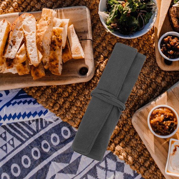 CATIEBYE Simple Dark Grey Cutlery Roll Bag Practical Organizer for Kitchen Utensils Storage