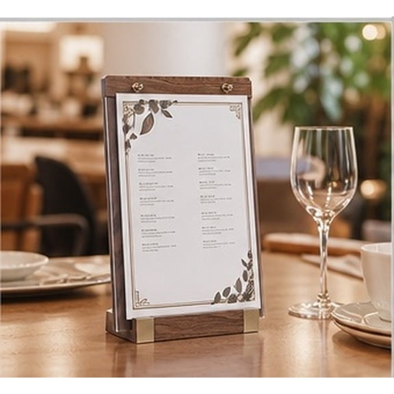 CATIEBYE Walnut Acrylic Sign Holder, Brown Wooden Base Menu Display Stand for Restaurant, Cafe, Office, Tabletop Signs Decor