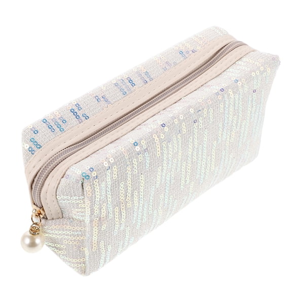 CATIEBYE White Sequin Makeup Bag Large Capacity with Shiny Design and Convenient Travel Storage