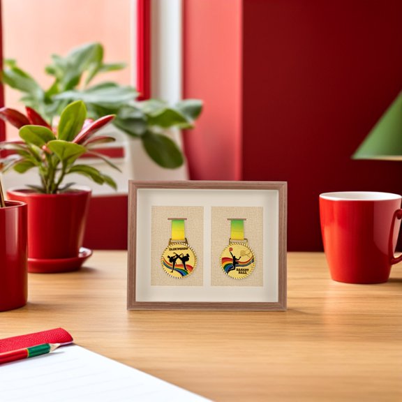 CATIEBYE Wooden Medal Display Frame with Photo Integration and Coffee Color for Running Award Storage