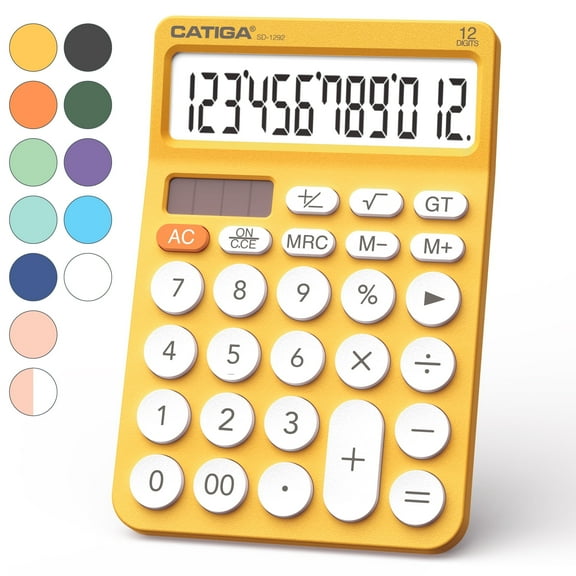 CATIGA 12 Digit Desktop Calculator with Large LCD Display, 4 Funtions Calculator, Round Design Big Button, Solar and Battery Dual Power, Standard Function for Office, Home, School, SD-1292-Yellow