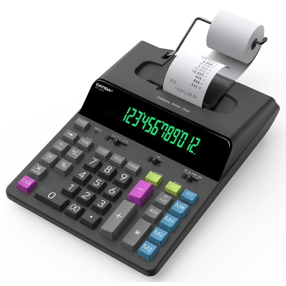 CATIGA 12 Digit Thermal Printing Calculator with Tape Print Out, Ink-Free Adding Machine, 3X Faster Quite at 8.0 LPS, Extra Large Fluorescent Display, Tax Calculation with Clock and Calendar, SP-2401