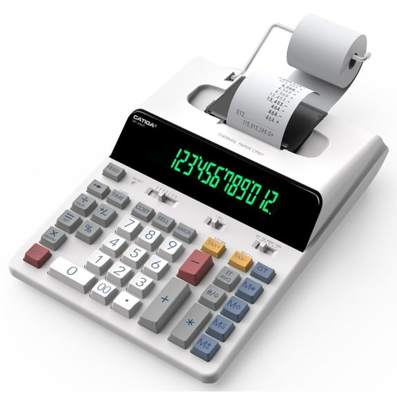 CATIGA 12 Digit Thermal Printing Calculator with Tape Print Out, Ink-Free Adding Machine, 3X Faster Quite at 8.0 LPS, Extra Large Fluorescent Display, Tax Calculation with Clock and Calendar, SP-2401