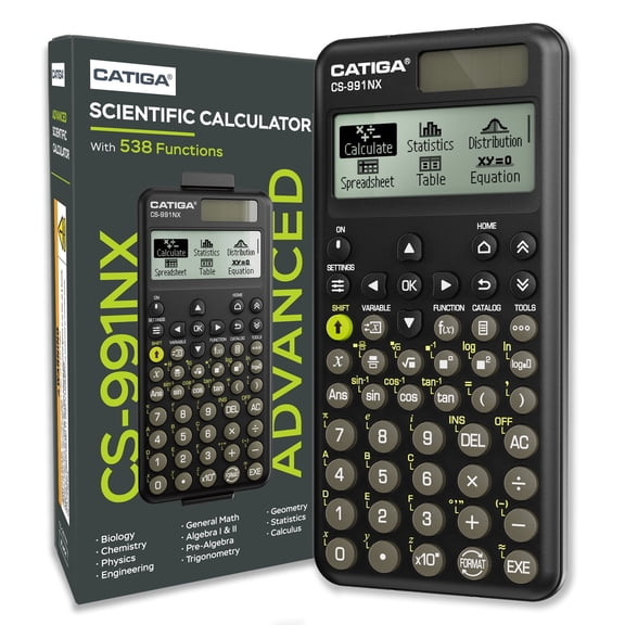 CATIGA CS-991NX Scientific Calculator, 538 Functions, Textbook-Style Display, Solar & Battery, Magnetic Hard Case - Black