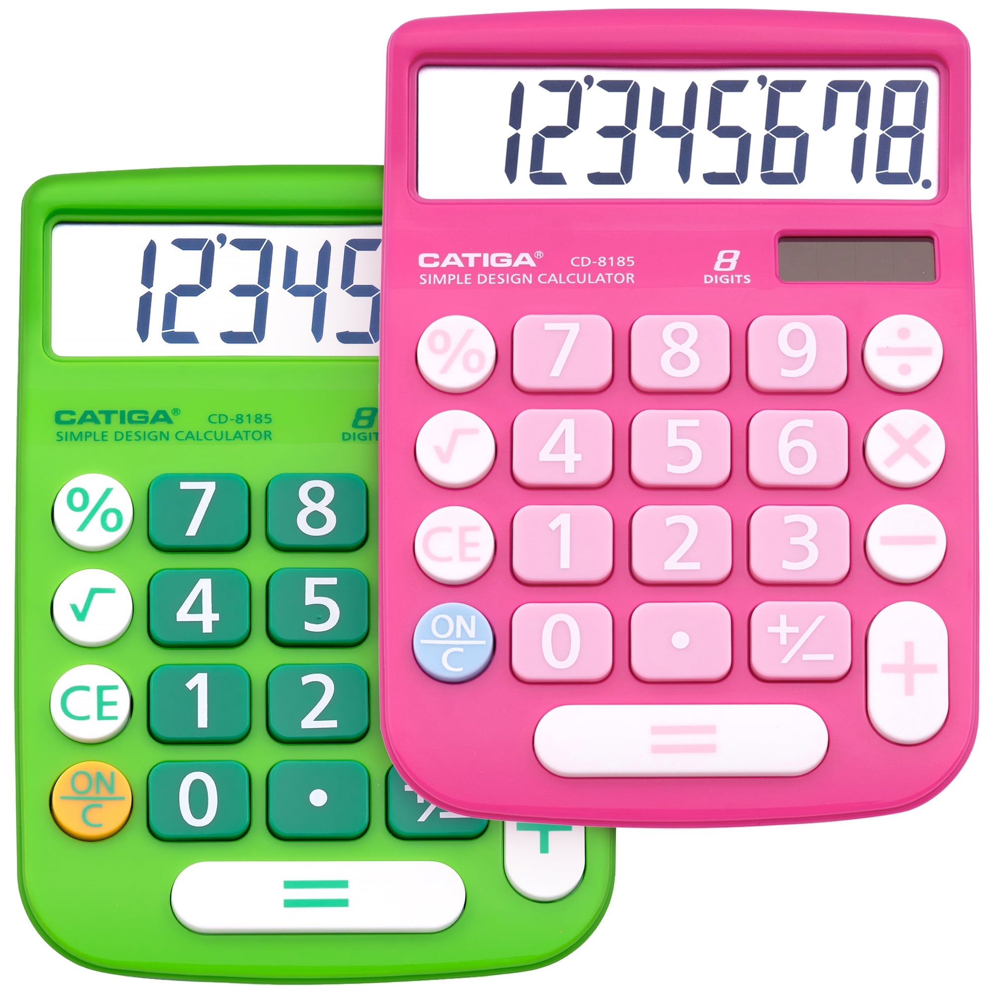 Catiga Electronics CD-8185 Dual Power Calculator, Large LCD & Buttons, 8 Digit,2 Pack, (Pink/Green)