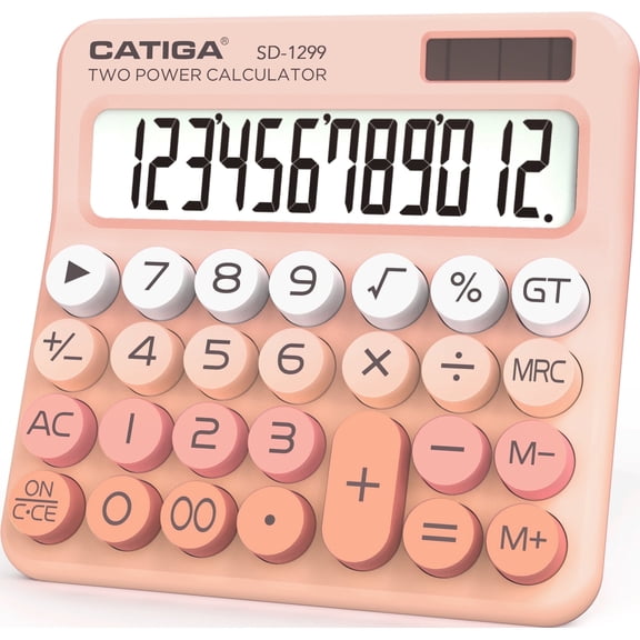 CATIGA Mechanical Switch Calculator with Dual Power, 12-Digit Aesthetic and Cute Desktop Calculator with Big Button, for Home, School and Office Use, SD-1299 (Peach)