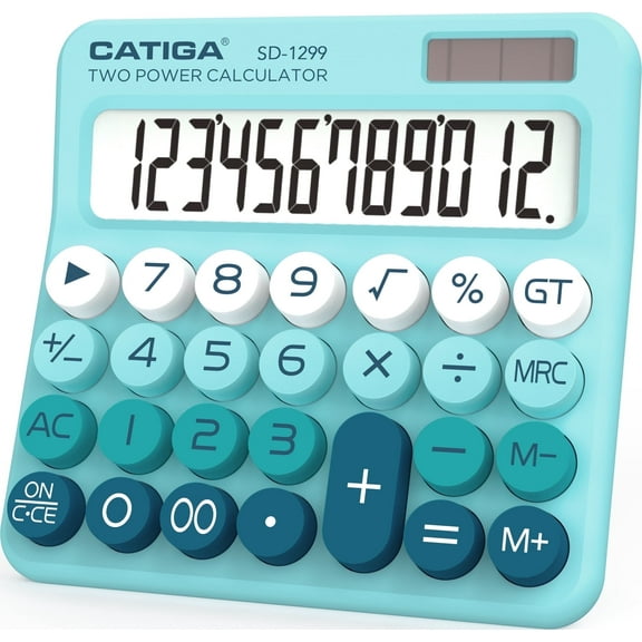 CATIGA Mechanical Switch Calculator with Dual Power, 12-Digit Aesthetic and Cute Desktop Calculator with Big Button, for Home, School and Office Use, SD-1299 (Aqua Blue)