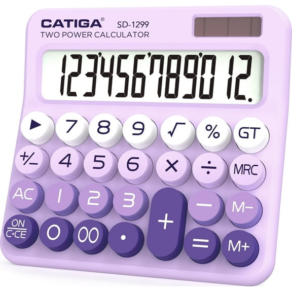 CATIGA Mechanical Switch Calculator with Dual Power, 12-Digit Aesthetic and Cute Desktop Calculator with Big Button, for Home, School and Office Use, SD-1299 (Lavender)