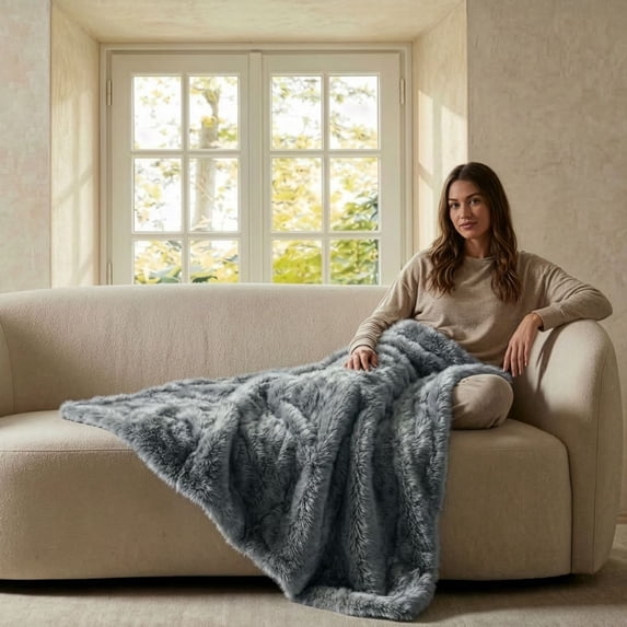 Cozy Haven Luxury Heathered Cationic Faux Fur Oversized Couch Throw Blanket, Grey, 50 x 72 in