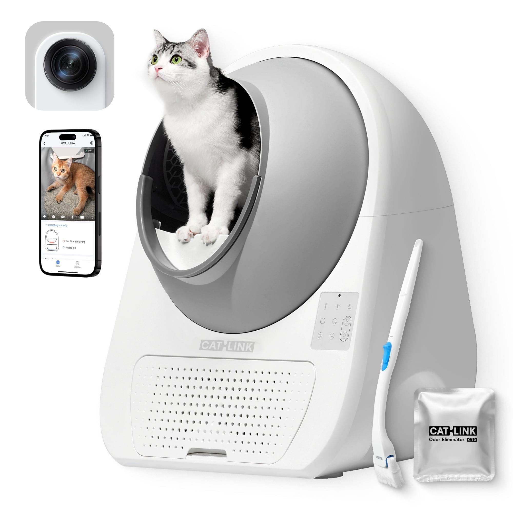CATLINK 65L Self Cleaning Litter Box for Multiple Cats, 5GHz Camera with Real Time Monitor, Cat Litter Box, White