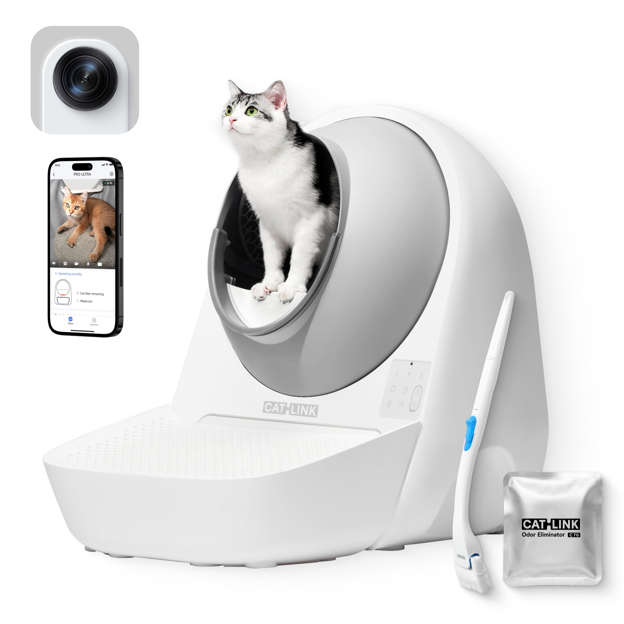 CATLINK 65L Self Cleaning Litter Box for Multiple Cats, 5GHz Camera with Real Time Monitor, Cat Litter Box with Ramp, White