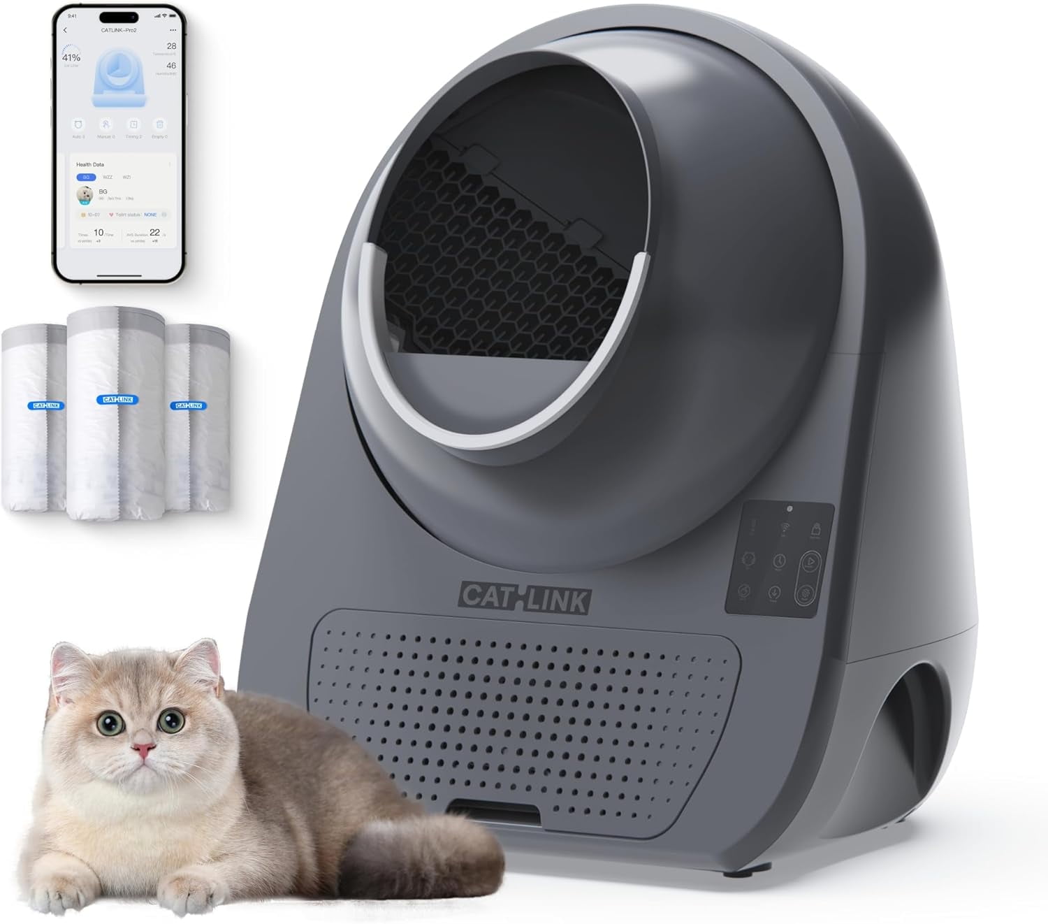 CATLINK Automatic Cat Litter Box Self Clean, Multiple Cats Health Track,  Large Cat Litter Box Automatic, App Control, with Waste Bags, Gray