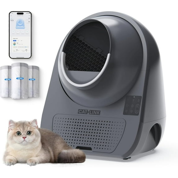 CATLINK Automatic Cat Litter Box Self Clean, Multiple Cats Health Track, Large Cat Litter Box Automatic, App Control, with Waste Bags, Gray