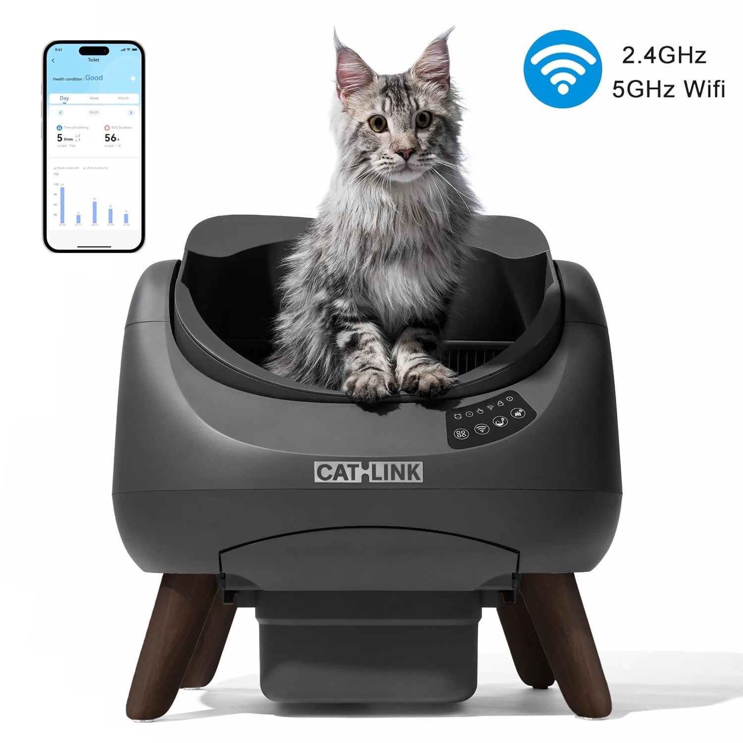 CATLINK Open Self Cleaning Litter Box for Multiple Cats, 5GHz Automatic Litter Box Health Monitor, Large XL Kitty Size, Odor Control, Indoor, with Litter Bags