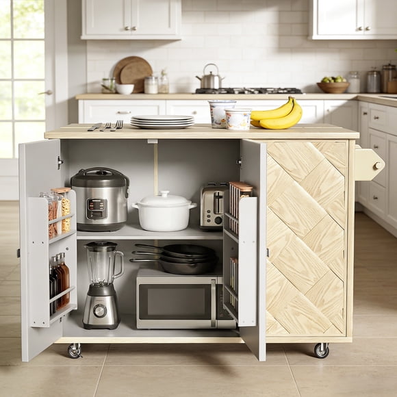 CATLK 51.2"W Kitchen Island, Rolling Kitchen Island Cart with Solid Wood Drop Leaf Prep Table, Storage Cabinet, Spice & Towel Rack, Champagne