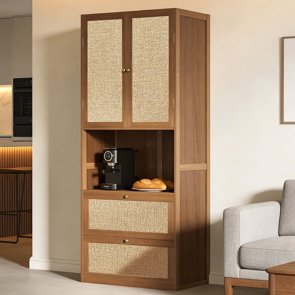 CATLK 72.8" H Pantry Cabinet with Rattan Door & Drawers, Kitchen Storage Cabinet with Microwave Stand, USB Port for Living Room, Dining Room, Walnut
