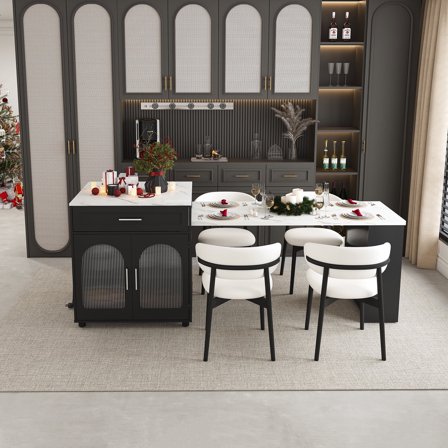 CATLK 80" Expandable Kitchen Island with Dining Table and Power Outlet, Large Mobile Kitchen Storage Islands Cart with Cabinet & 2 Drawers for Kitchen, Dining Room, Black