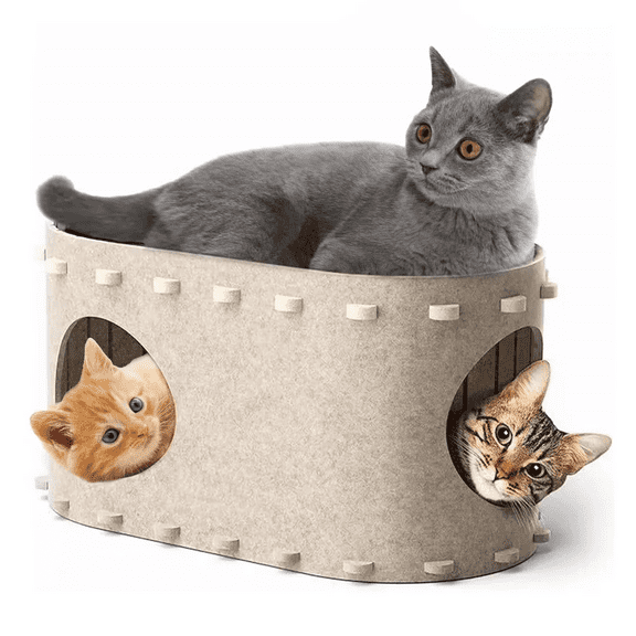 CATLK Cat House for Indoor Cats - Cat Bed Cave Scratching Resistant Peekaboo Kitten Caves, Cozy Felt Covered Tunnel Enclosed Hideaway Bed - Cat Nest Box for Multicats, Beige